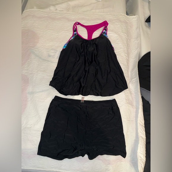 Other - Black Tankini Set with Pink Racerback and Floral Trim